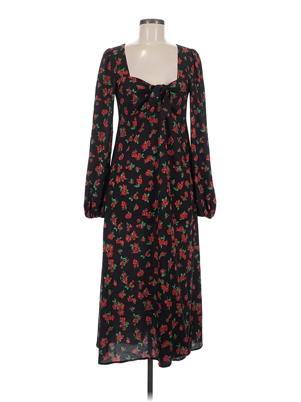 Black Floral Long-Sleeve Midi Dress with Tie Front Detail